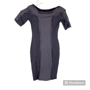 Bouclier gray boat neck reconstructed exposed stitching raw hem bodycon dress